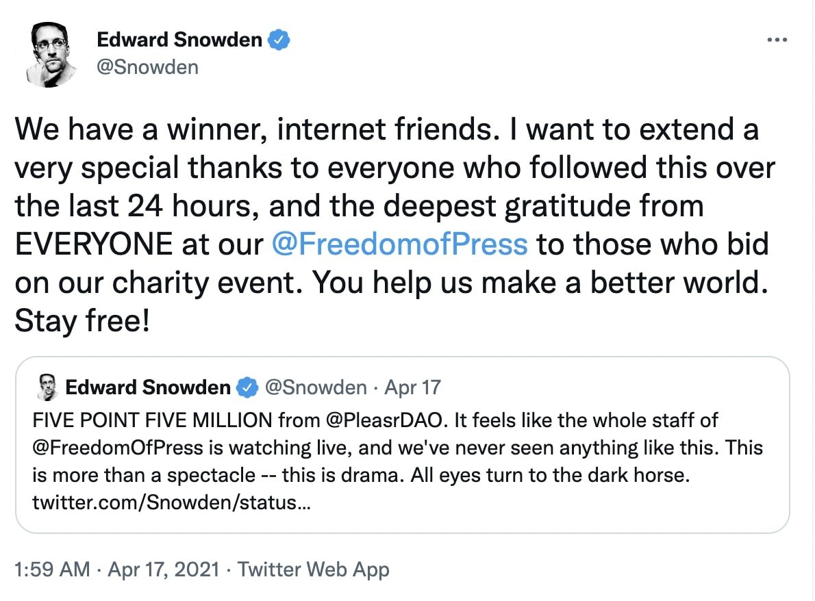 Edward Snowden's tweet on PleasrDAO on 