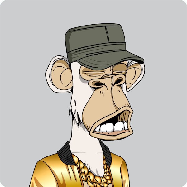 Image of a Bored ape. it has a gold jacket, a hat, a necklace with a grey background. Eminem is rumoured to have brought this nft