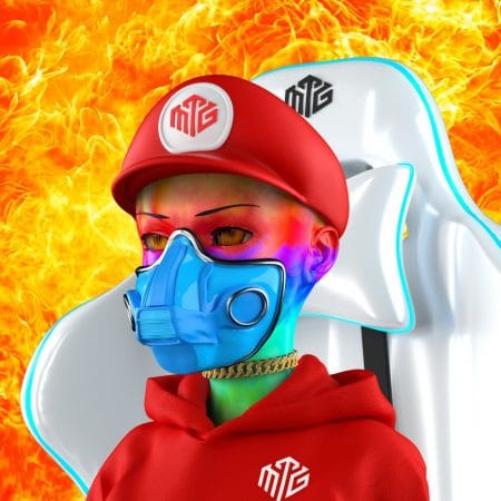 character from the more than gamers nft collection. the character is wearing red, with a red mask and fire behind them