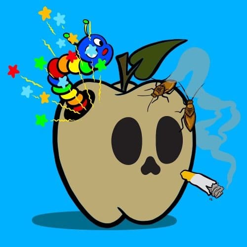 dem apples nft with a skull face, flies, a cigarette and a worm exploding out of his head
