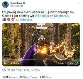 A tweet sent by Snoop Dogg outlining his partnership with Babolex on Solanart