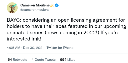Cameron Moulène confirmed that a Bored Apes animated show would come in 2022 on Twitter 