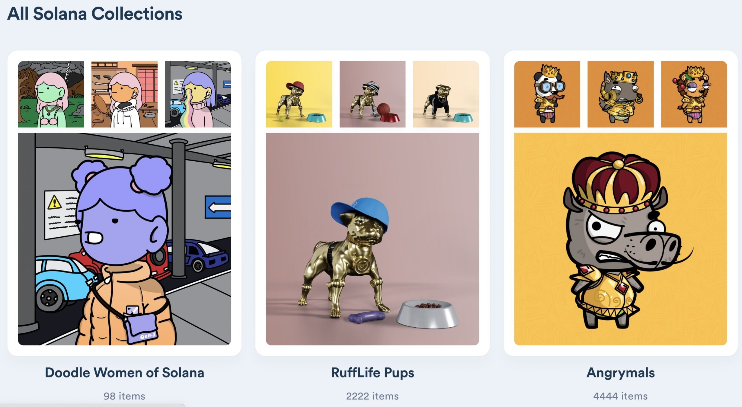 RarityMon analytics platform showing various Solana NFTs