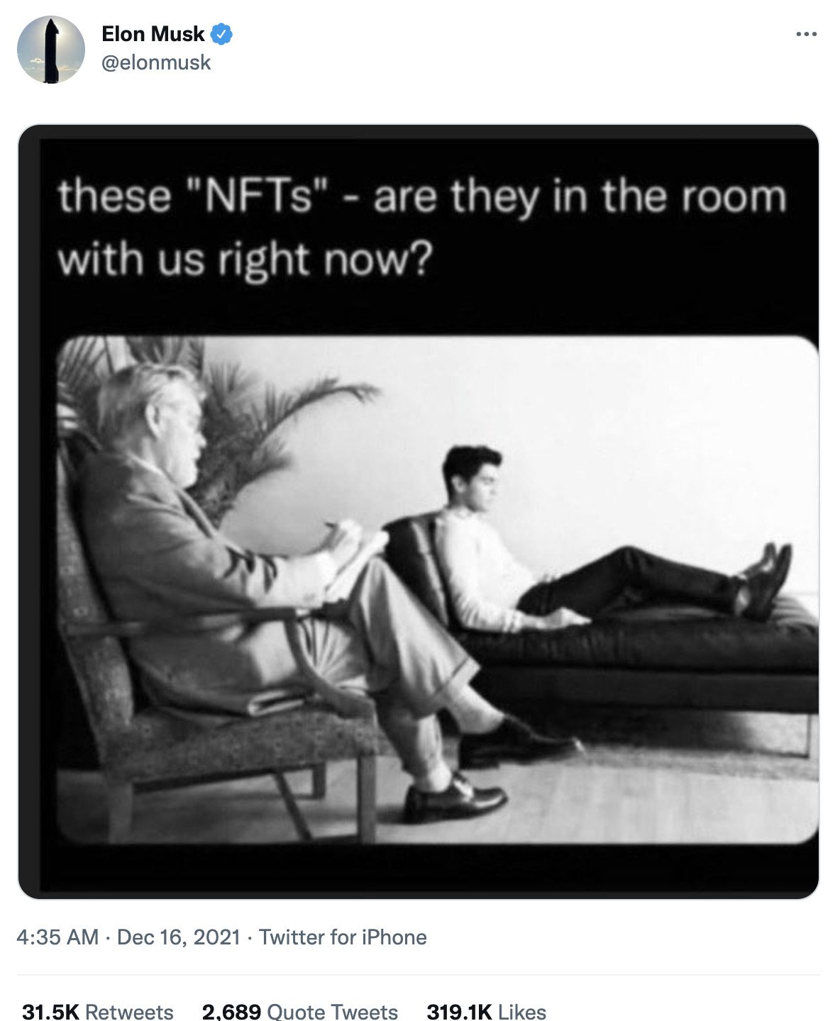 black and white meme image of a man at therapy lying in a chair with text above elon musk nft