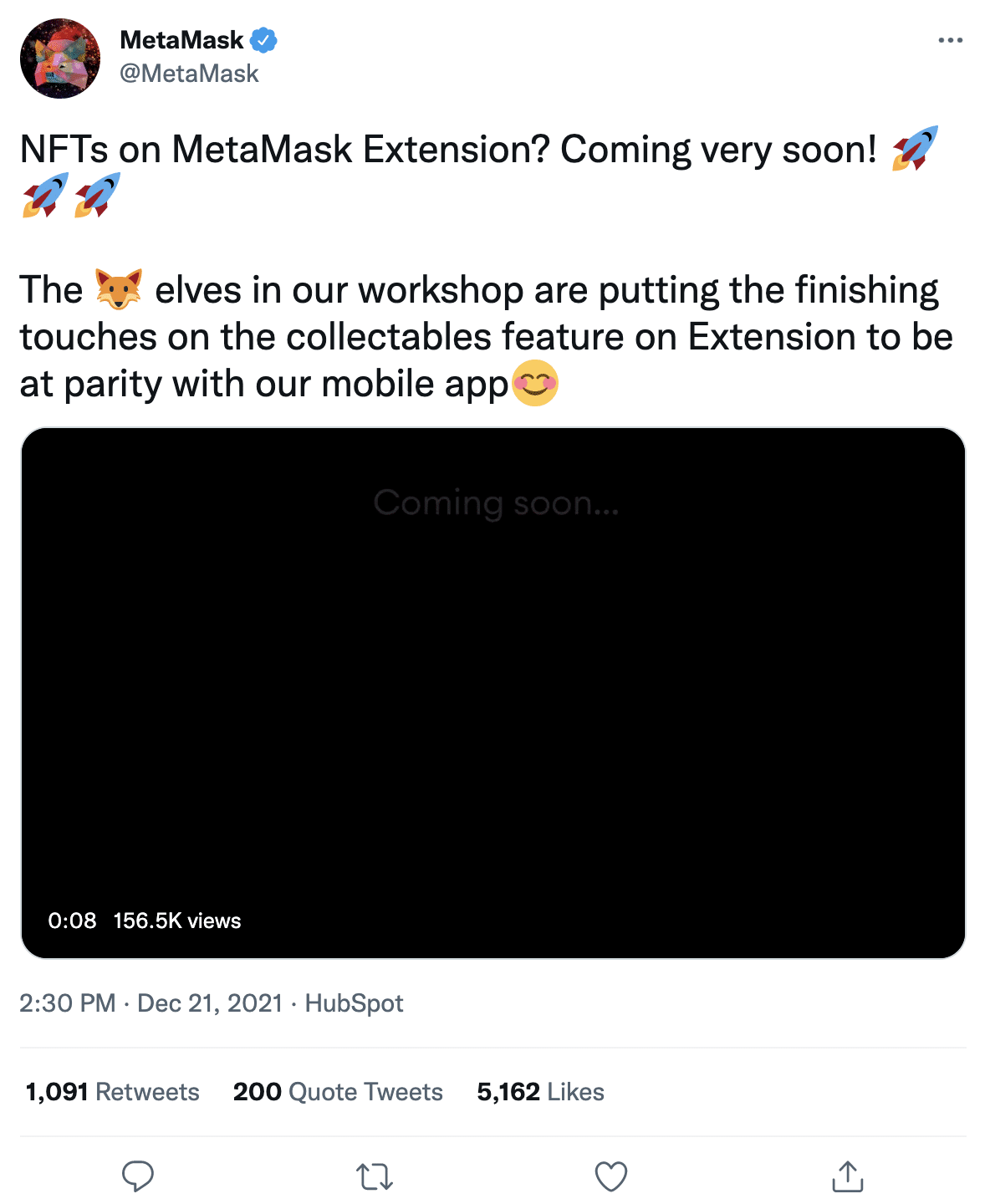 screenshot of a tweet by metamask about their NFT integration