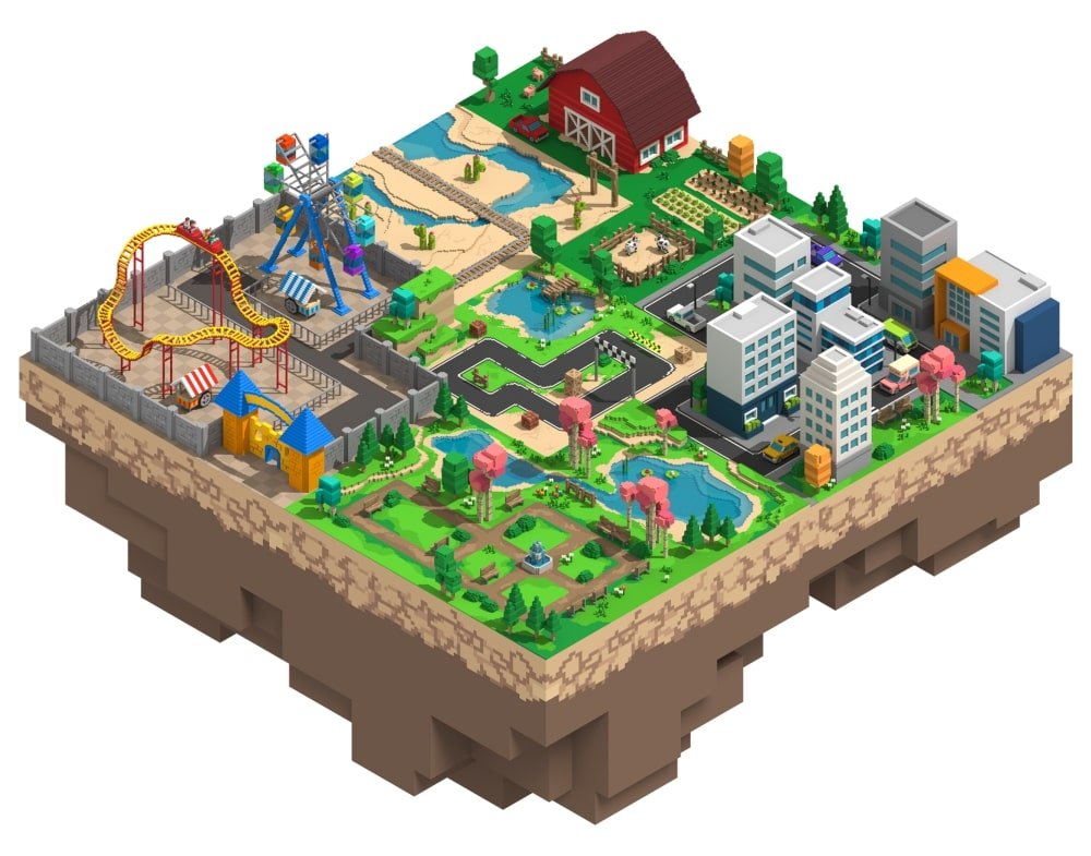 The Sandbox land parcels with various buildings