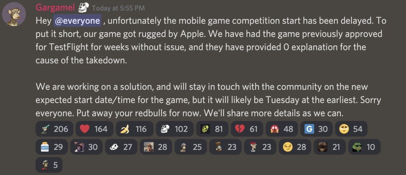 screenshot of a BAYC iOS game message via Discord