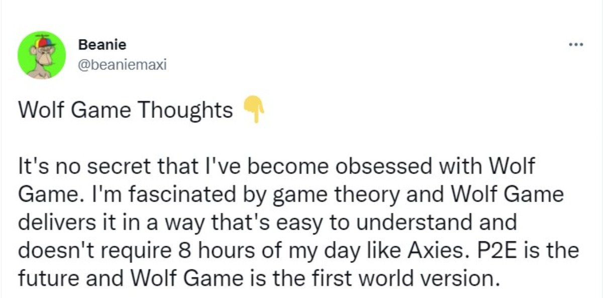 Beanie tweet describing why he's obsessed with Wolf Game