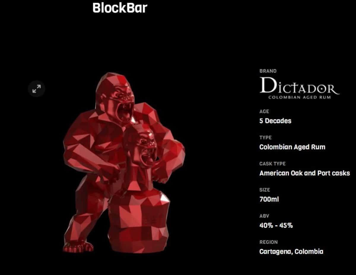Screengrab from BlockBar website selling 3 editions of Dictador Rum NFT