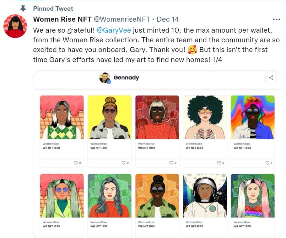 Screenshot of a Twitter post by Women Rise NFT