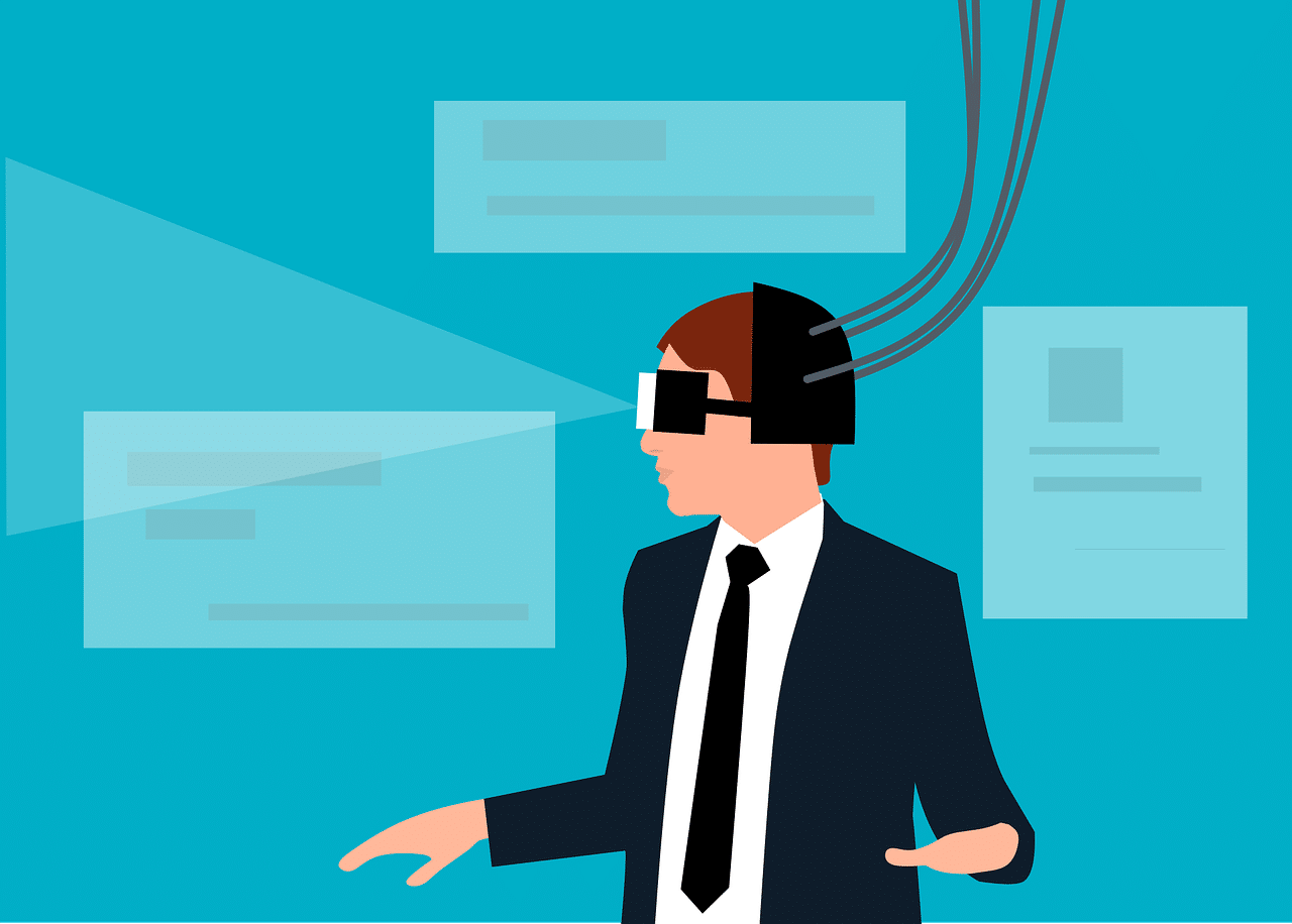 Cartoon of someone wearing a vr headset to enter the metaverse