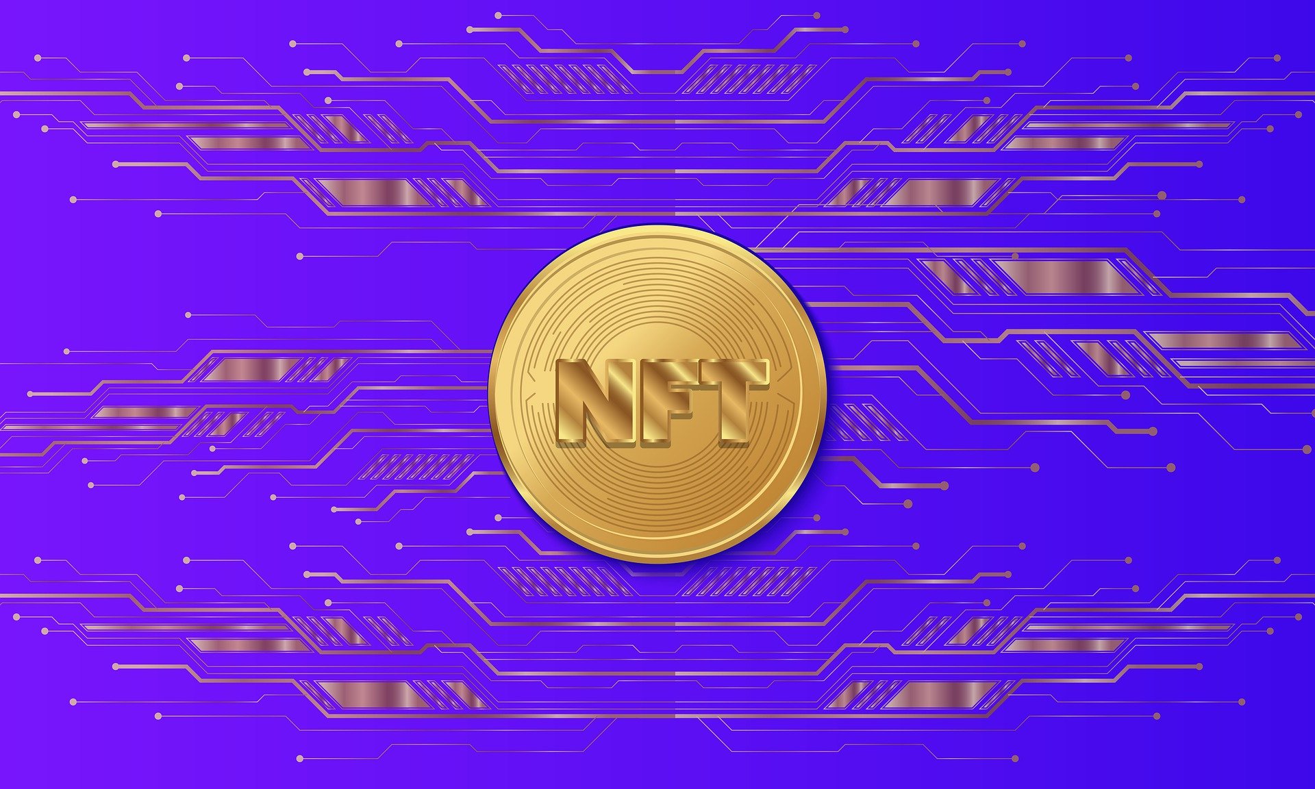A golden NFT coin on a purple background