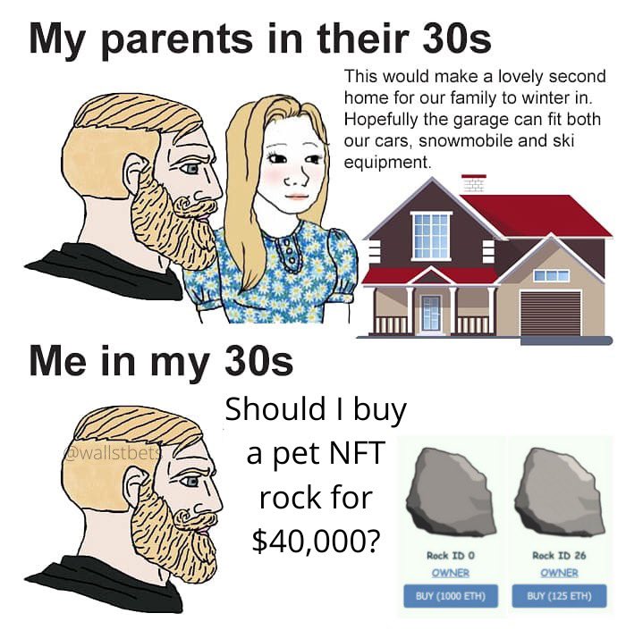 funny NFT meme of my parents in their 30s (with a house and family) vs me in my 30s (buying digital pet rocks)