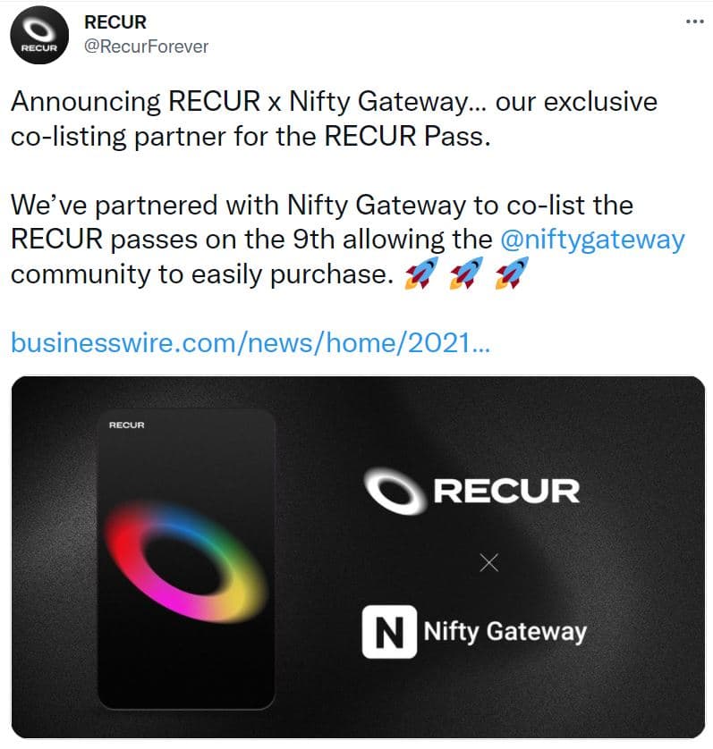 screenshot of a RECUR announcement via Twitter