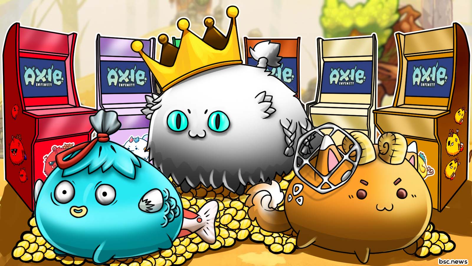 Axies in Axie Infinity game surrounded by coins