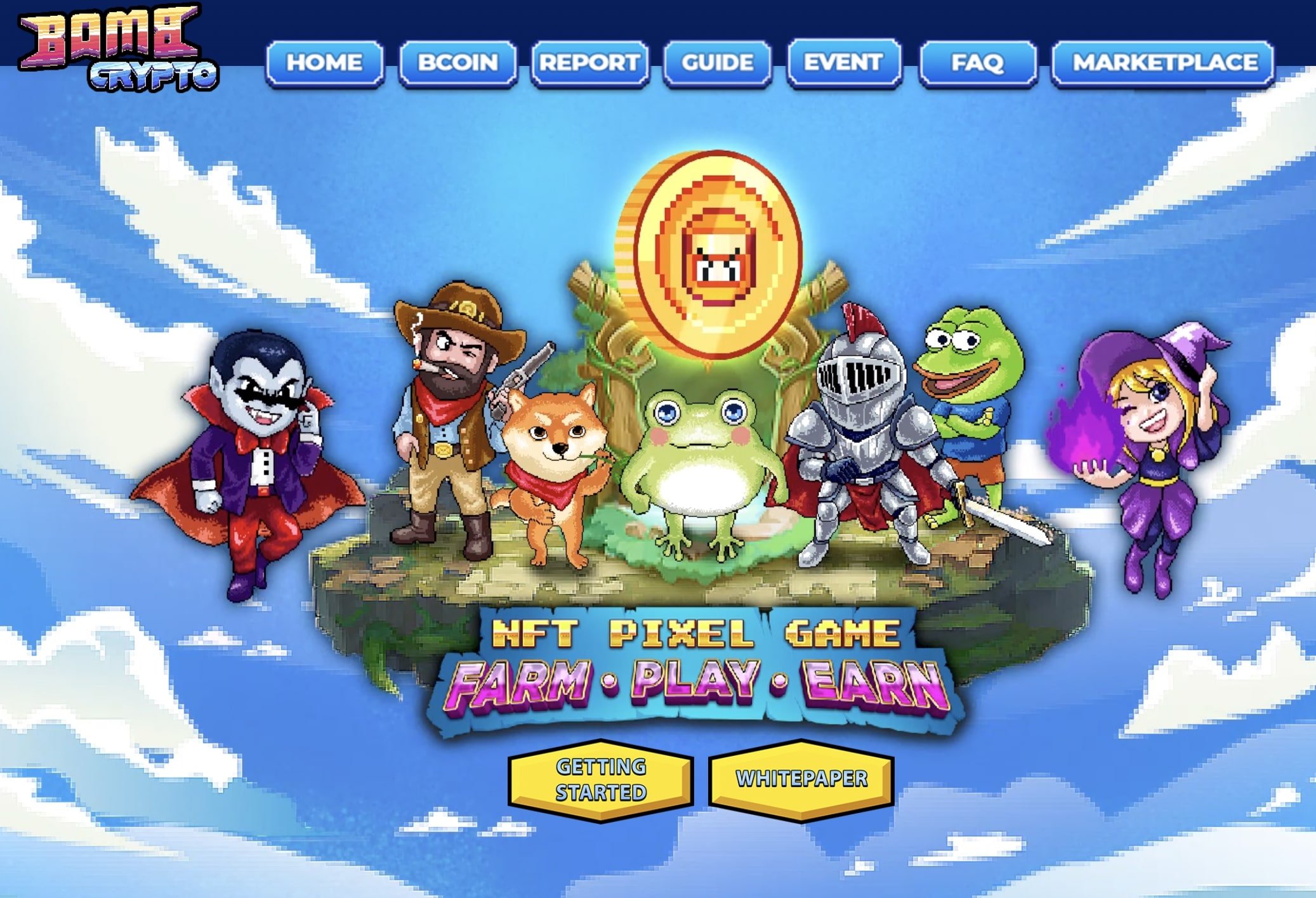 Homepage of Bomb Crypto NFT game featuring various characters