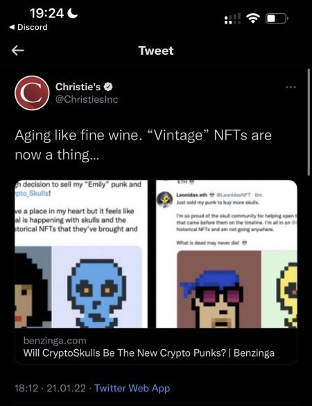 Christie's Tweet about CryptoSkulls