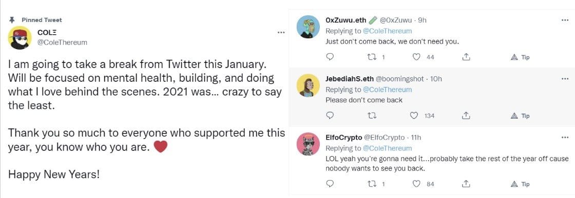 Screenshot of ColeThereum tweet signing off of Twitter, and many users asking him not to come back