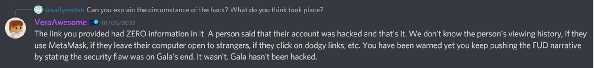 Gala Games Discord moderator response to hack