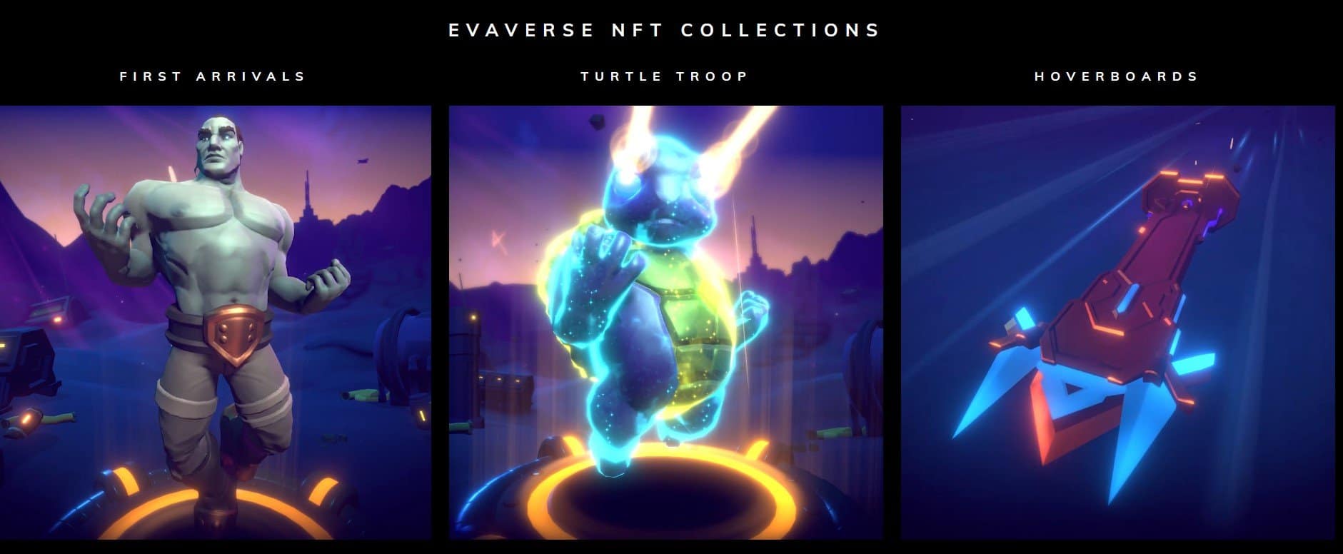 Screengrab from Evaverse website displaying the different NFT collections that are part of its in-metaverse games.