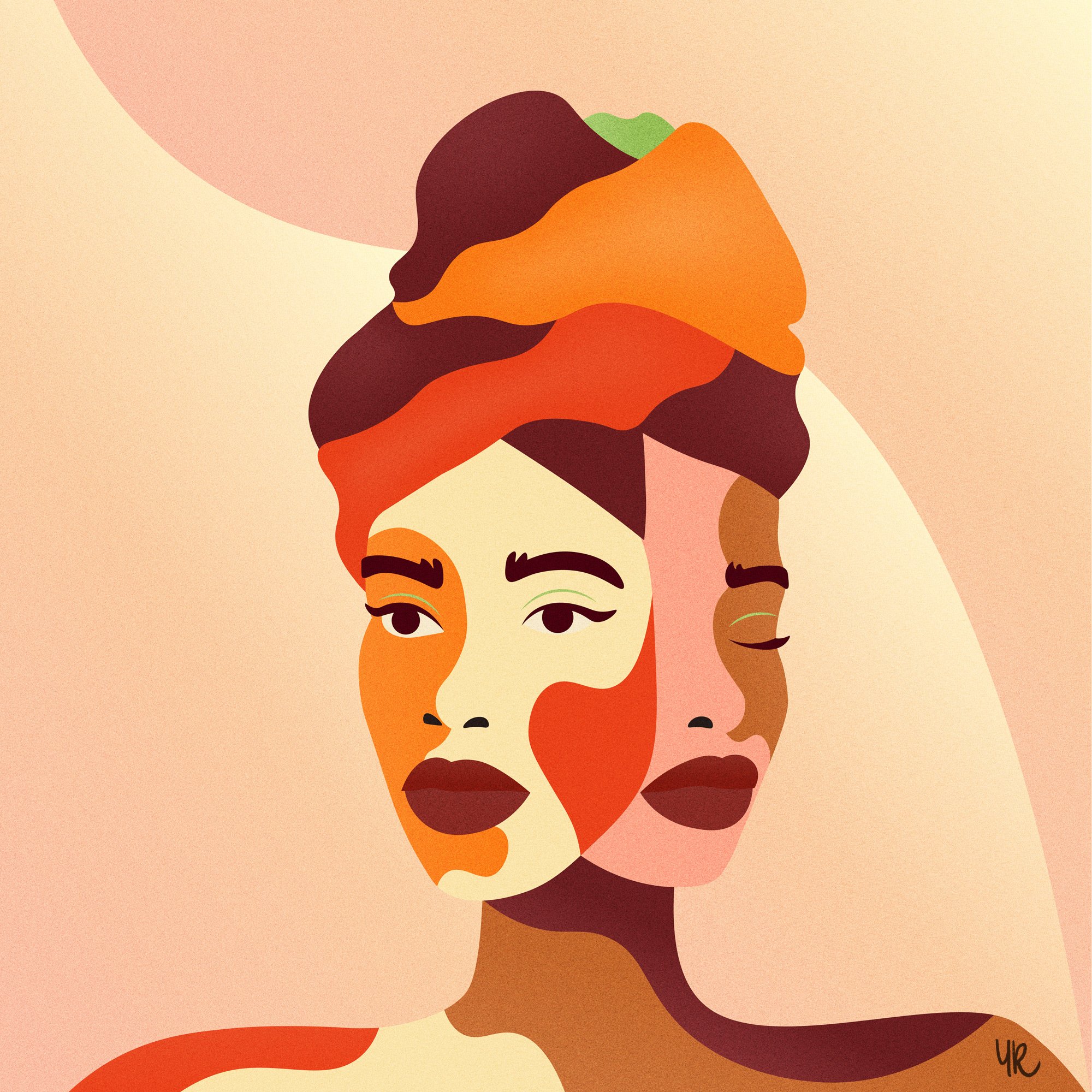 a piece of art showing a woman with two faces in colours such as orange and red and brown. This is the first ever NFT by World of Women artist