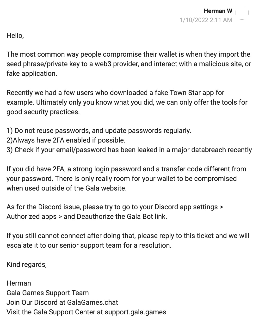 Gala Games email response to hack victim