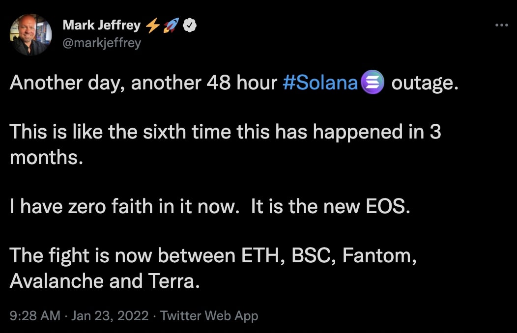 Tweet from Mark Jeffrey on Solana network