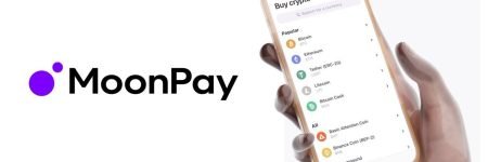 MoonPay logo and a hand holding a mobile phone