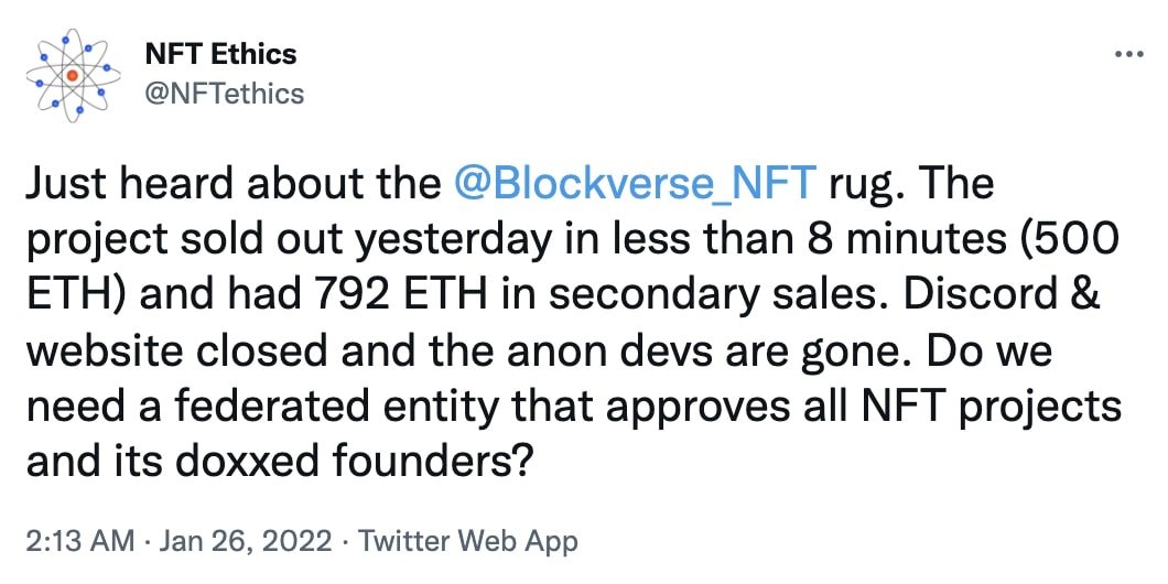NFT Ethics' tweet on Blockverse NFT rugpull