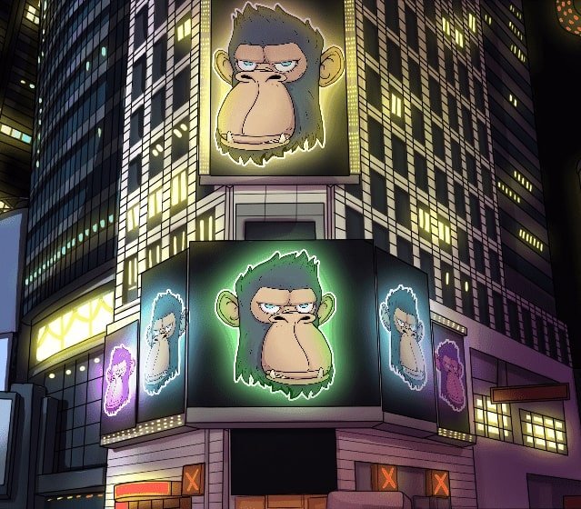 Illustration of New York City billboards featuring Timeless apes