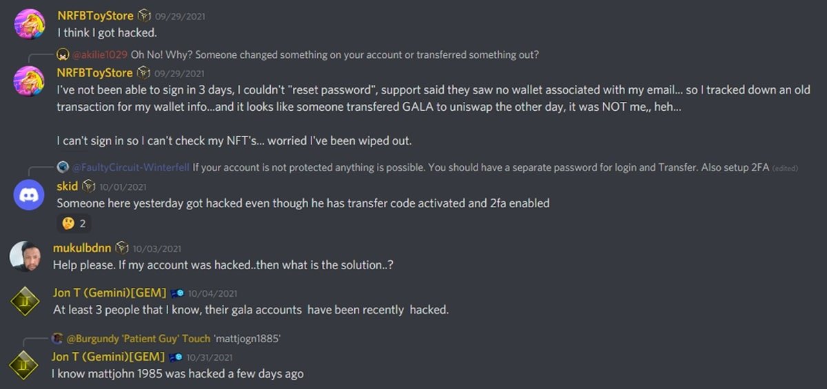 Gala Games hack reports on Discord