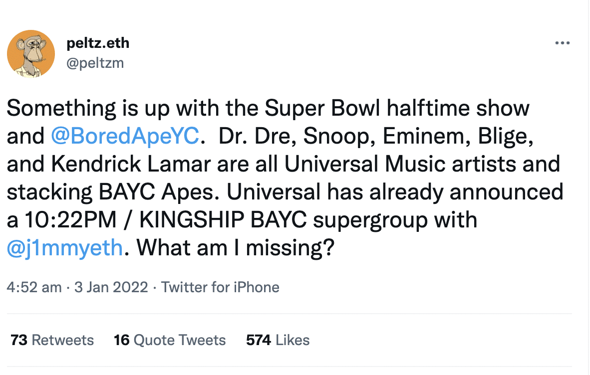 A screenshot of a tweet by Peltz.eth suggesting that the Super Bowl half-time will feature BAYC
