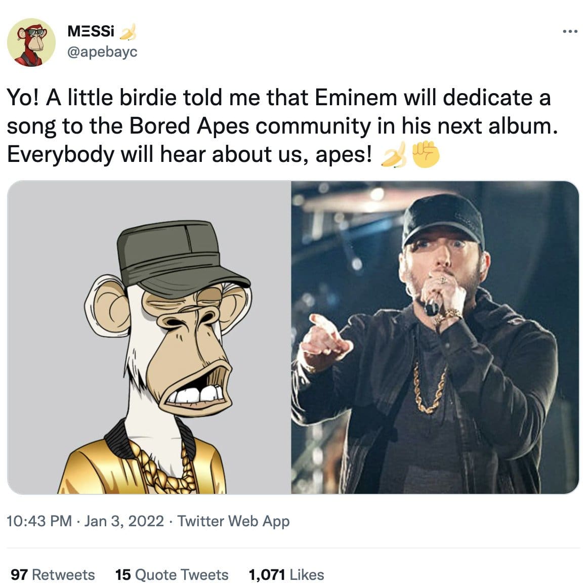 Screenshot of a tweet by apebayc, suggesting that eminem will feature bayc on his new album.