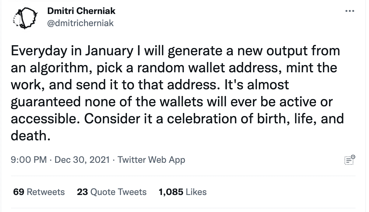 screenshot of a tweet by ringers NFT creator Dmitri Cherniak detailing how he is giving away his NFTs.