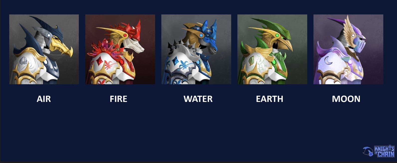 Screenshot from the Knights of Chain website picturing 4 Knights with different elements including fire air water and earth.