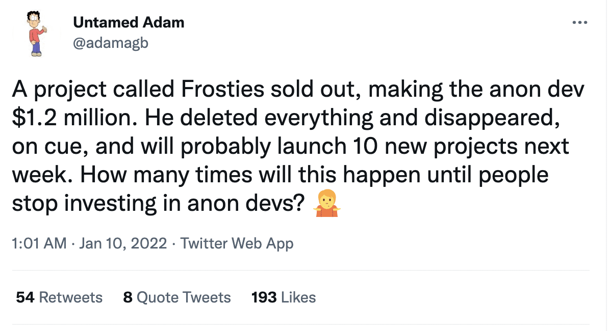 Screenshot of a tweet by Untamed Adam @adamagb who is asking fair questions about anonymous devs in the nft space
