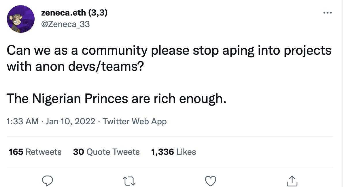 Screenshot of a tweet by popular crypto Twitter influencer Zeneca, detailing how he wants people to stop supporting anon devs, and that Nigerian princes are rich enough