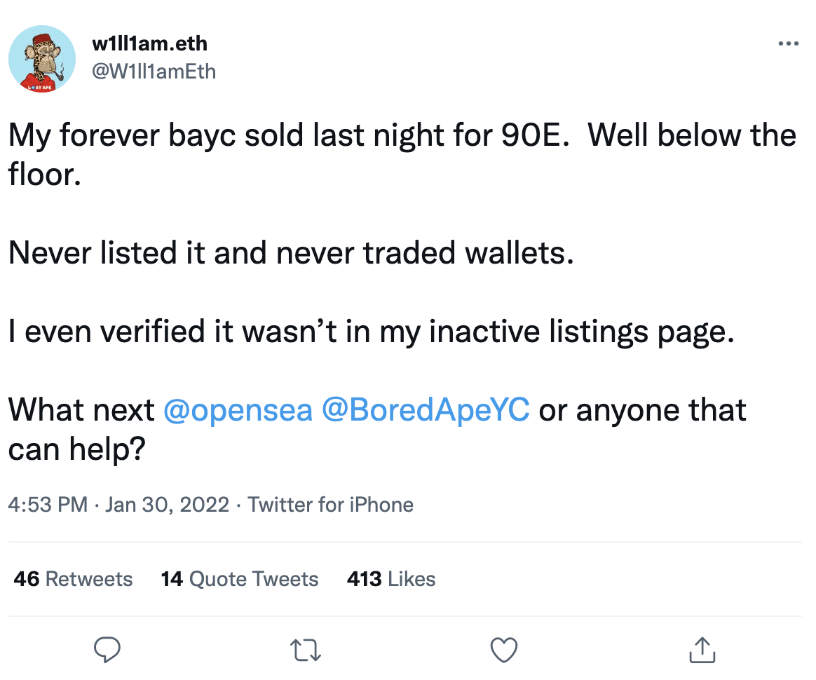 screenshot of a tweet explaining how a user has had their Bored Ape sold without listing due to OpenSea glitch