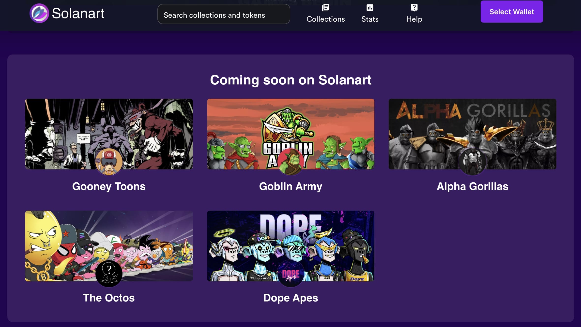 Solanart NFT marketplace showing upcoming Solana NFT projects