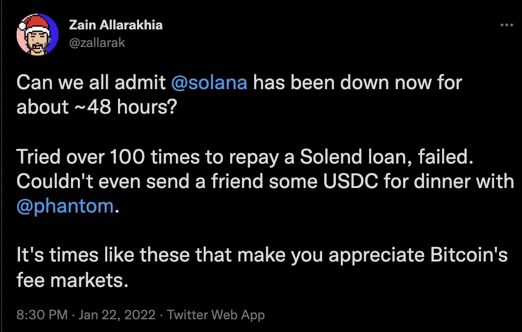 Tweet from Zain Allarakhia on Solana network outage