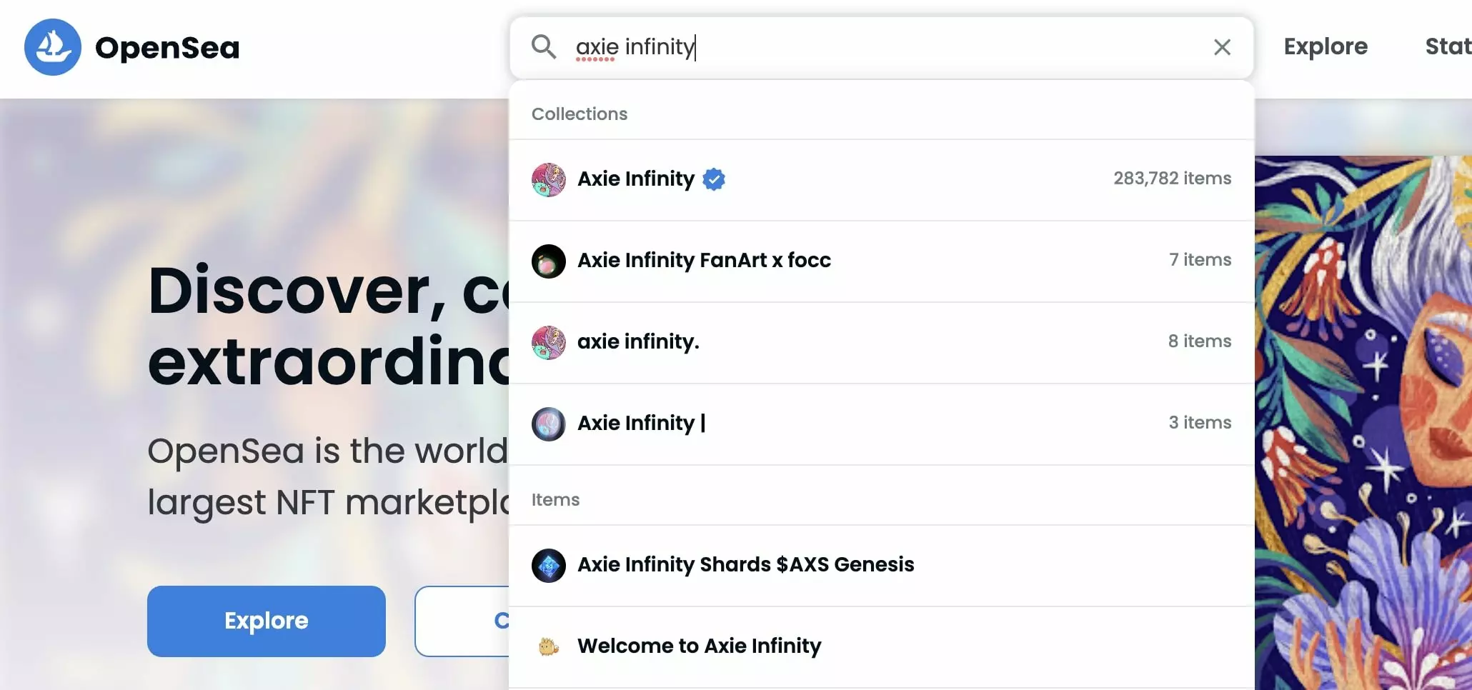 OpenSea marketplace showing Axie Infinity