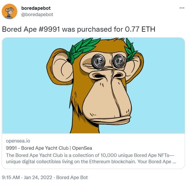 screenshot of a Bored Ape NFT OpenSea sale via Twitter
