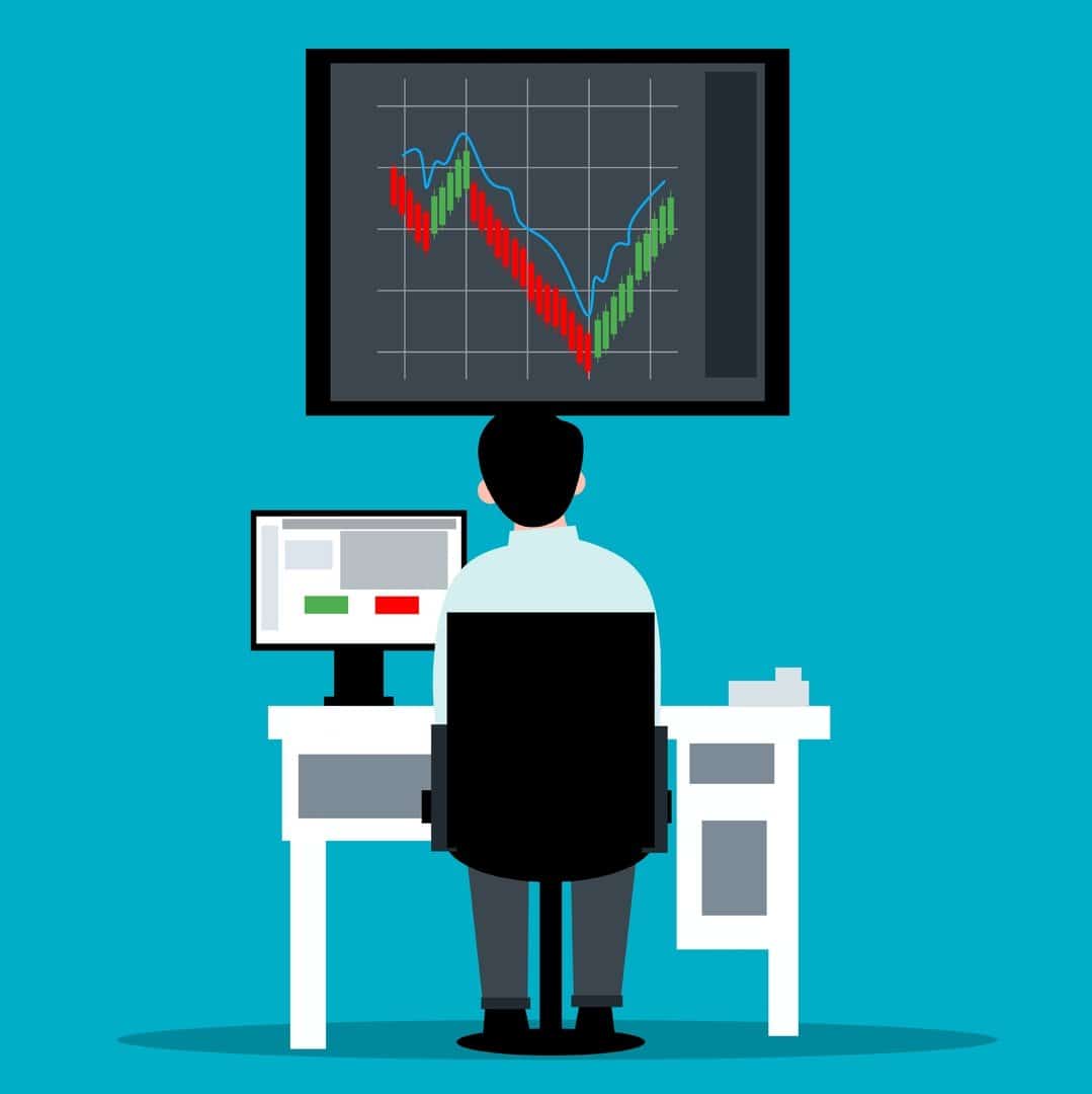 Graphic of a man sitting in front of a computer and monitor, watching stock market