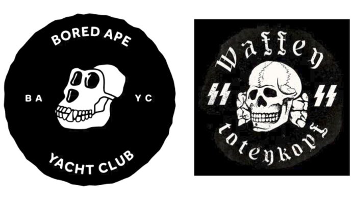Bored Ape Yacht Club logo and a Nazi flag