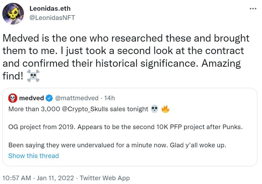 screenshot of a Cryptoskulls NFT conversation via Twitter