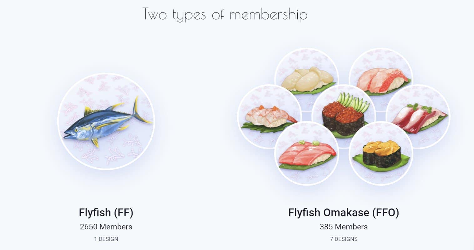 Screenshot of Flyfish Club website showing the different kinds of NFTs