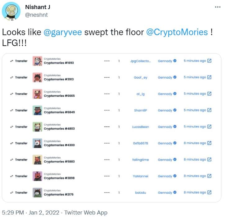 screenshot of a Gary Vee and CryptoMories NFT post via Twitter