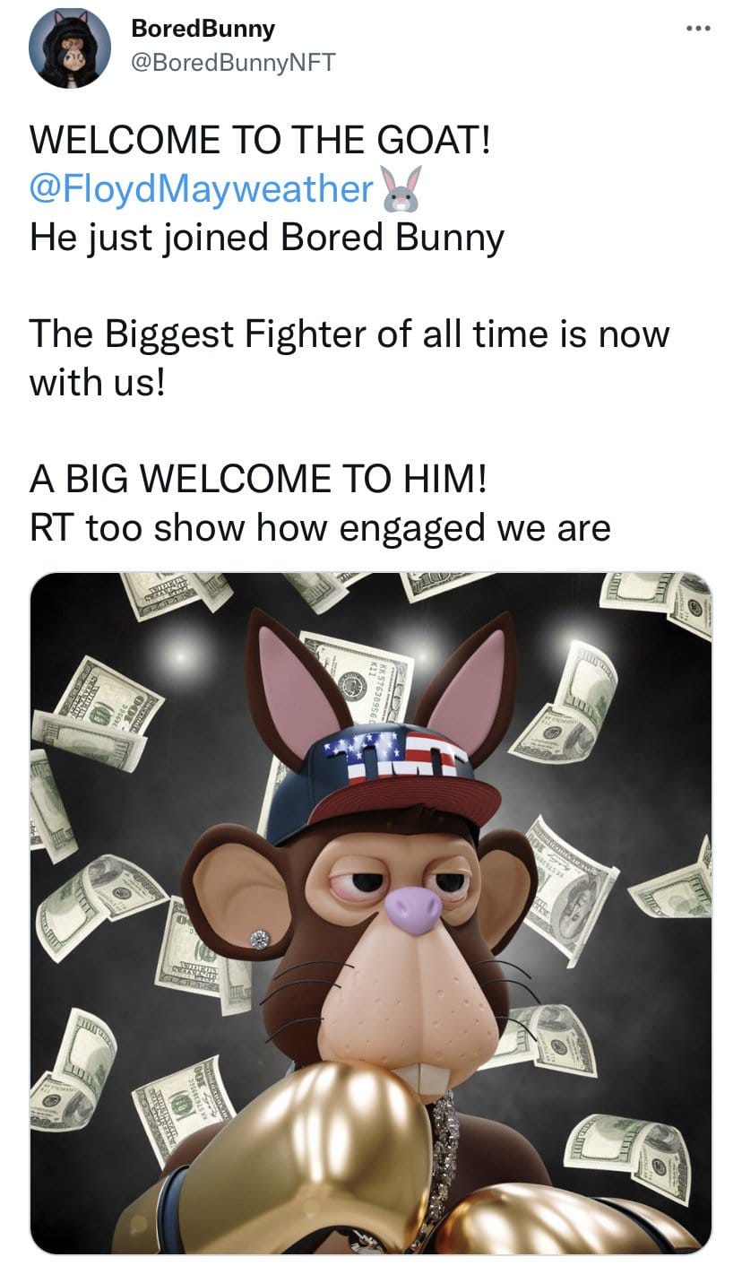 tweet from Bored Bunny about their Floyd Mayweather collab