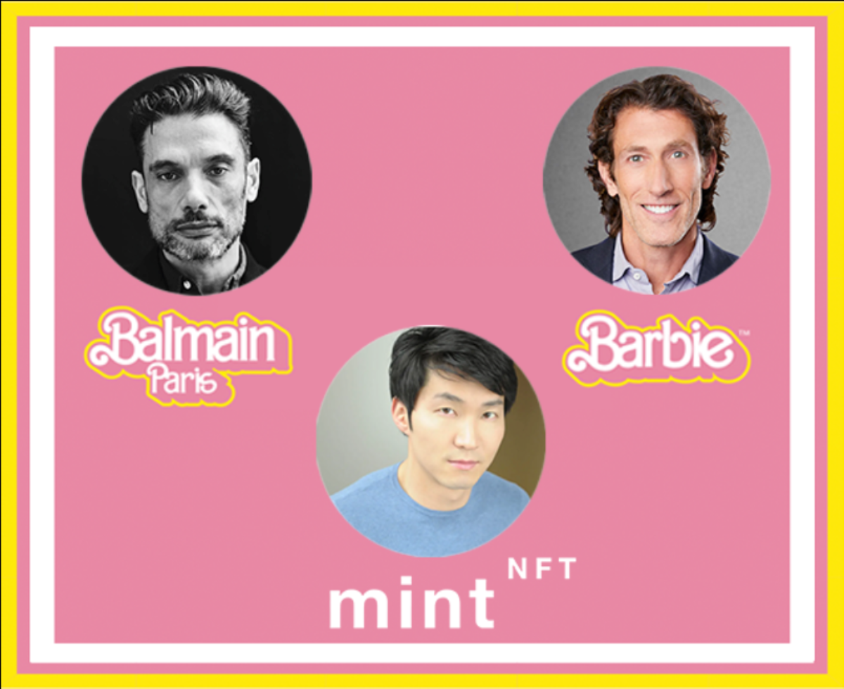 Poster for Barbie x Balmain live event on mintNFT featuring the leads from each company