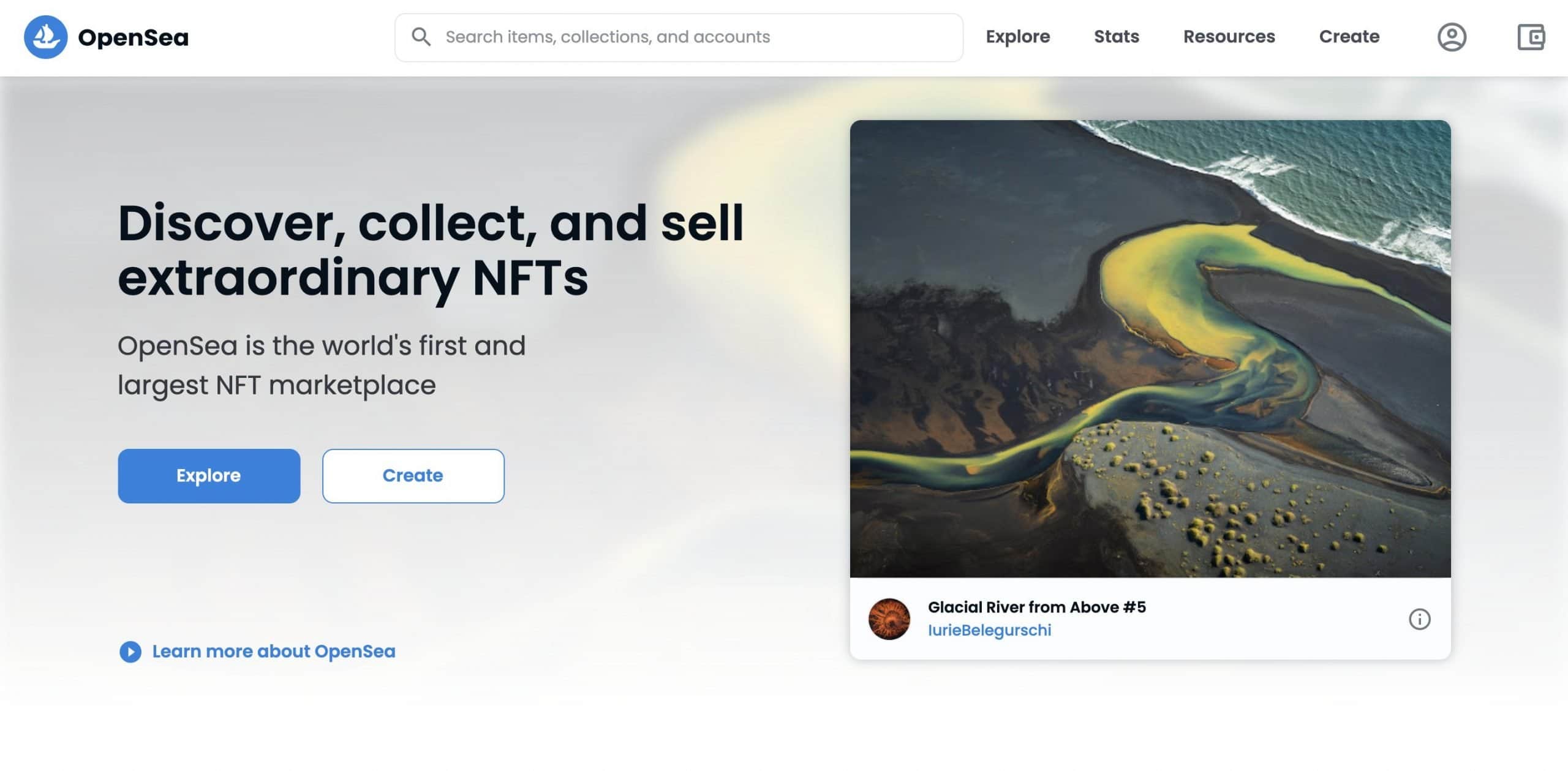 Website homepage for leading NFT marketplace Opensea
